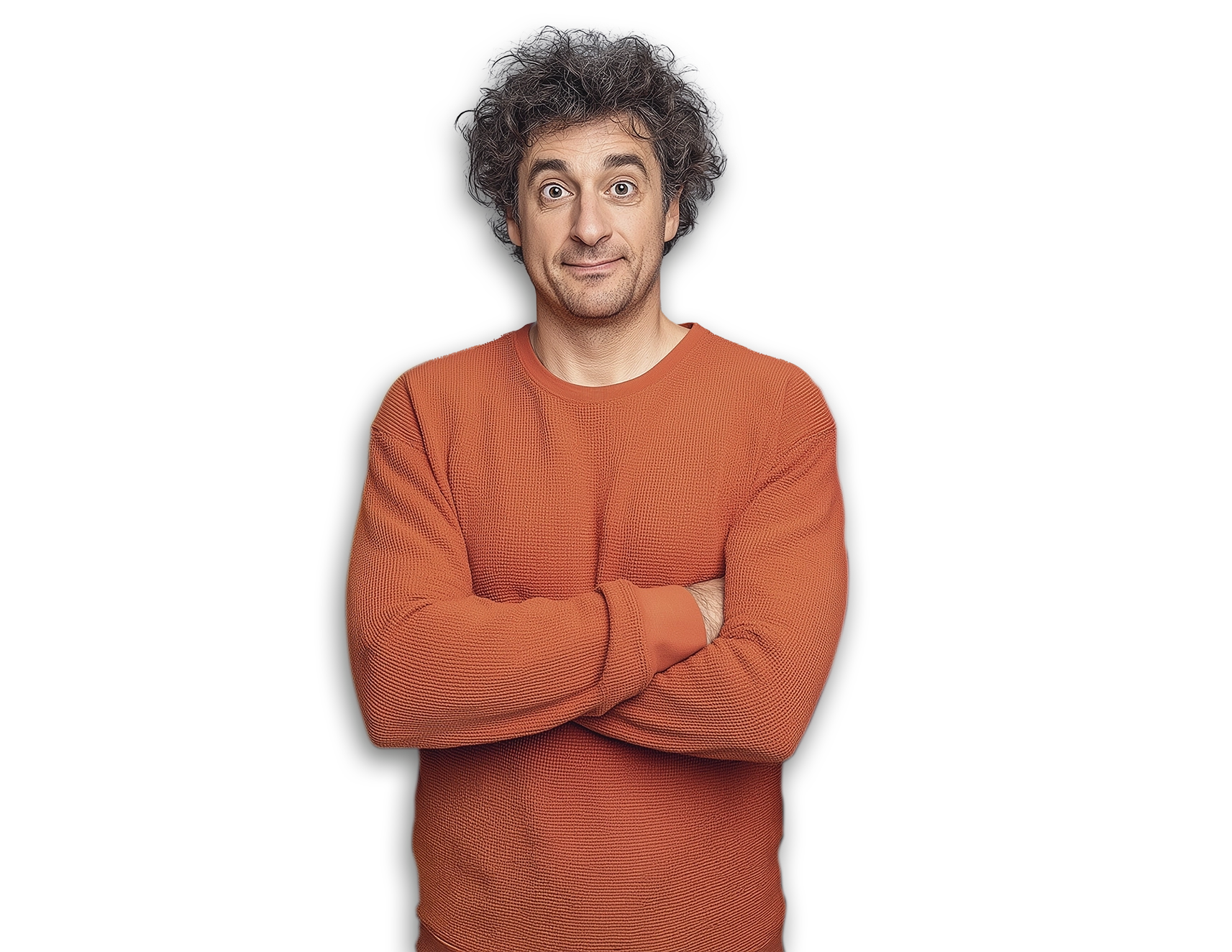 muž v oranžovom svetri